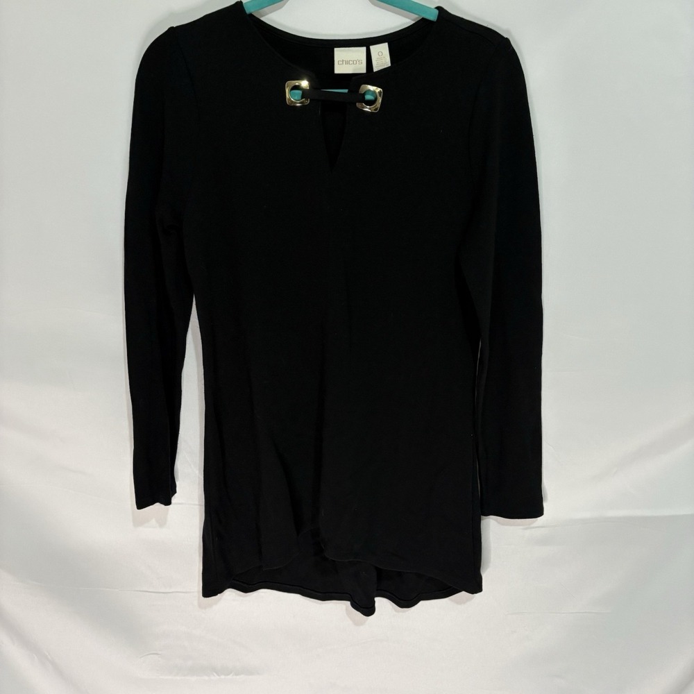 Chicos Womens Black Pullover Sweater Gold Accents Keyhole Neck Size 0